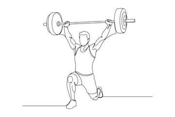 Continuous Line Drawing of a weightlifter is performing a snatch lift in a continuous line drawing isolated on white background