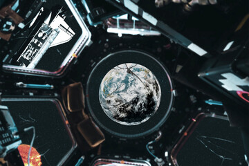 A view of Earth framed by a large circular spacecraft window, its surface fractured with spiderweb-like cracks. Elements of this 3D rendered illustration were furnished by NASA.