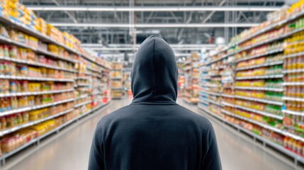 Unknown person in hoodie alone in grocery store