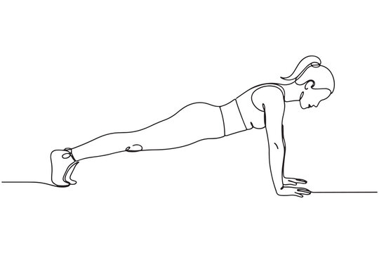 Vector art of a slender woman is doing a pushup as a continuous line drawing isolated on white background