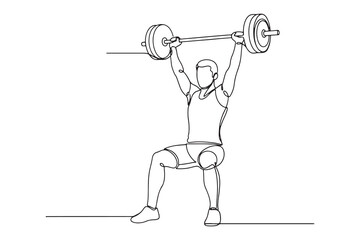 Vector art of a weightlifter is lifting a barbell overhead in a continuous line drawing isolated on white background