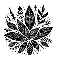 Black and White Botanical Illustration of Leaves and Berries.