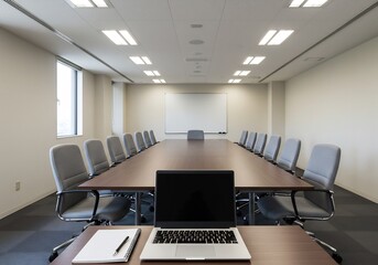 長方形の会議室に、多くの椅子と長テーブルが整然と配置されています。