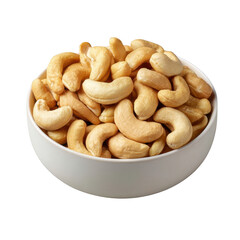 Fototapeta premium Roasted cashew nuts in a white ceramic bowl, organic salted cashews snack, pile of crunchy golden nut kernels isolated on white background