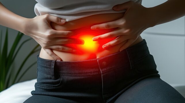 Woman suffering from piriformis muscle pain, holding her lower abdomen with both hands, isolated on white background with soft natural light in a realistic medical photo.