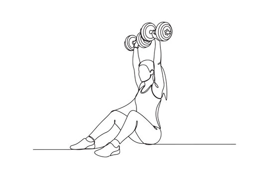 a woman is doing a dumbbell exercise in a continuous line drawing isolated on white background