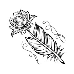Elegant line art combination of a delicate flower and a graceful feather on white background