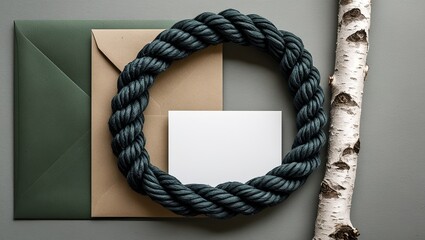 Rustic Stationery Mockup with a Dark Rope Wreath, Kraft Envelope, and Birch Log Accent

