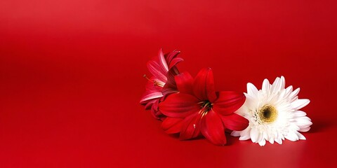 Red lilies and white gerbera daisy on red background; vibrant, romantic floral arrangement.