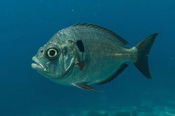 Fototapeta premium Oceanic fish swims, underwater reef background, marine life, aquatic wildlife