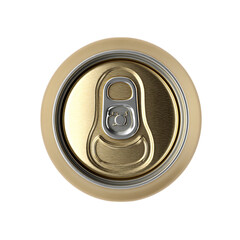 3d Top view of closed golden color aluminum soda can top view on transparent background