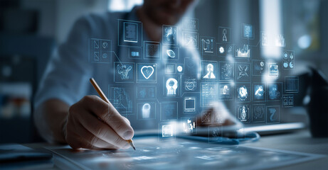 Person analyzing digital data and business icons with a pen