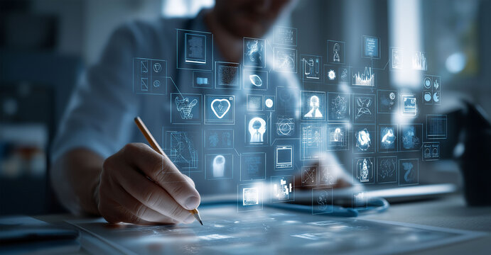 Person analyzing digital data and business icons with a pen