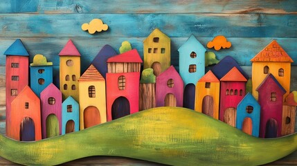 Colorful handcrafted cityscape, wooden houses