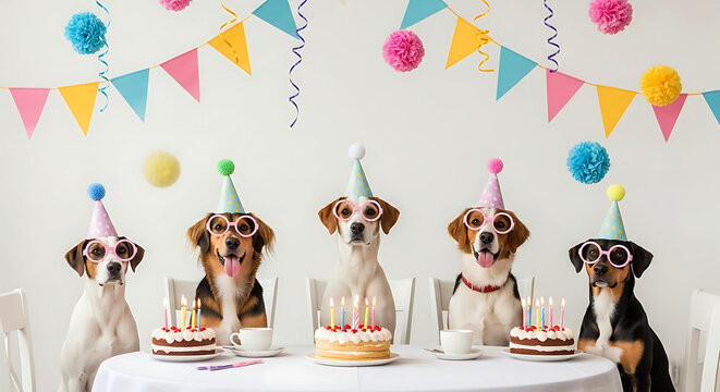 Five dogs wearing party hats and glasses at a birthday party - Powered by Adobe