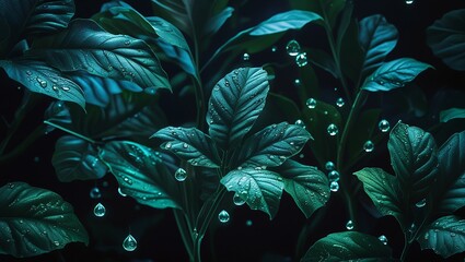Vibrant Botanical Composition: Healthy Plant Leaves Glistening with Water against a Black Backdrop

