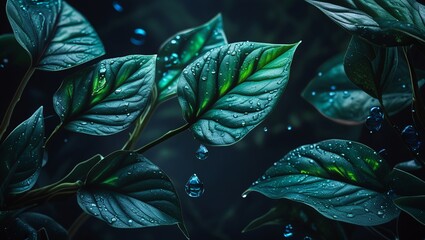 Refreshing Nature Photography: Detailed Shot of Wet Foliage with Raindrops and Deep Hues

