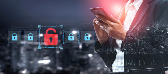 Digital security concept illustrating a cybersecurity breach, with a red unlocked padlock...