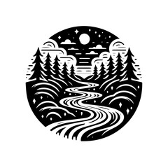 Serene Nighttime Forest River Landscape Illustration.