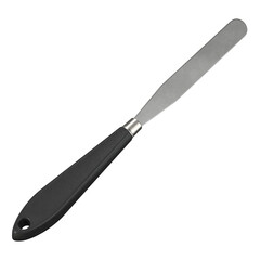 High-resolution image of a professional metal palette knife with a black ergonomic handle. Perfect for art supply mockups, design presentations, product catalogs, or educational content. Isolated on a