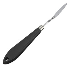 High-resolution image of a professional metal palette knife with a black ergonomic handle. Perfect for art supply mockups, design presentations, product catalogs, or educational content. Isolated on a