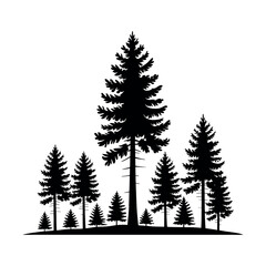 Fototapeta premium Black silhouette of a forest with pine trees of varying sizes black and white nature