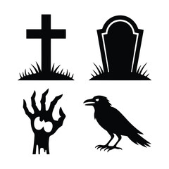 Vector illustration of halloween elements featuring a tombstone, cross, zombie hand, and crow silhouette