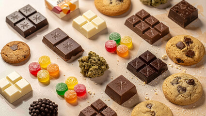 Colorful variety of cannabis edibles, including cookies and chocolates, for Recreational and Medicinal Use