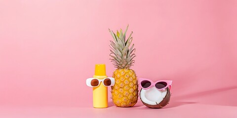 Summer Vacation Essentials: Pineapple, Coconut, Sunscreen, and Sunglasses on Pink Background