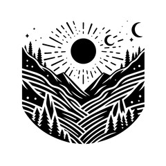 Stylized Sun Moon and Mountain Landscape.