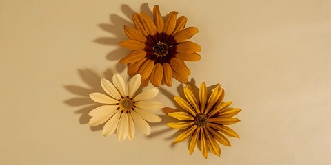 Three Osteospermum Flowers: Warm Autumnal Tones on Beige Background, Minimalist Flatlay