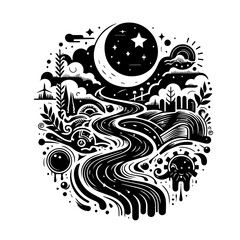 Whimsical Celestial River Landscape with Moon and Sun.