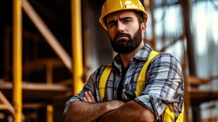 Construction worker in safety gear, serious expression, on a building site.