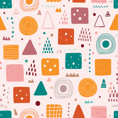 Abstract seamless pattern with 80s-inspired Memphis shapes in vibrant colors. Great for wrapping paper and fashion.