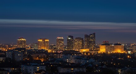 Fototapeta premium Bucharest Skyline at Twilight: A Symphony of Urban Lights and Shadows