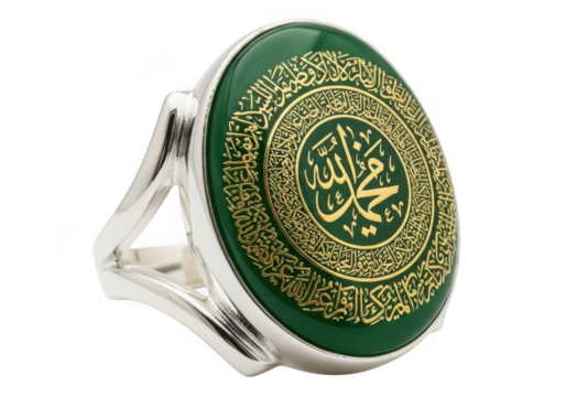 Silver ring with green stone and arabic calligraphy isolated on transparent background
