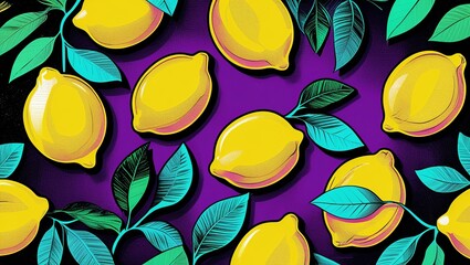 Eye-Catching Artistic Background Featuring Bright Yellow Lemons and Neon Leaves

