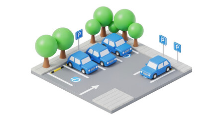 Isometric parking lot with blue cars and trees isolated on transparent background