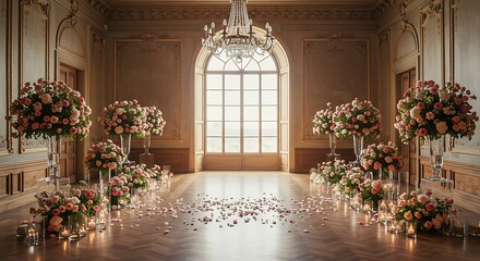 Elegant Ballroom Decorated for a Special Event with Floral Arrangements and Ambiance