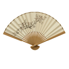An elegant oriental handheld fan with a beautiful floral design and brown wooden handle.
