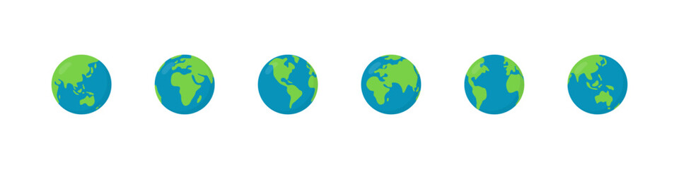 Earth globe set. World globe vector set. Planet earth doodle globe. World round map sign set. Continents color icons.