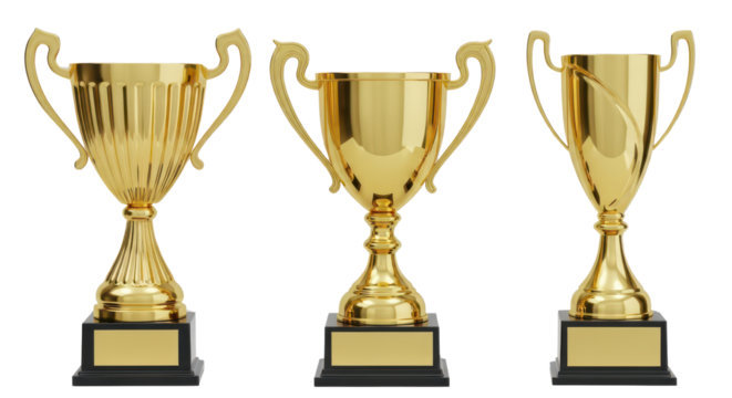 Three golden trophies symbolising achievement and success
