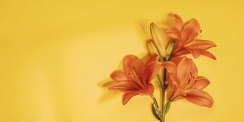Vibrant Orange Lilies on Yellow Background: Minimalist Floral Photography, Summer Mood, Copy Space.