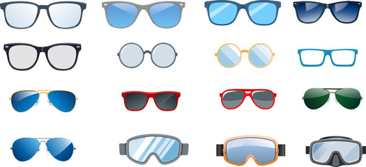 Collection of various sunglasses and eyewear styles including ski goggles