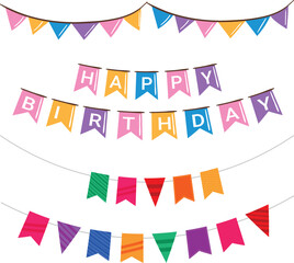 Obraz premium Flags and light bulbs for birthday. Festive decorations for holiday or festival. Vector