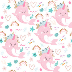 Cute narwhal in boho style on a white background seamless pattern. Vector illustration for children. Underwater inhabitants
