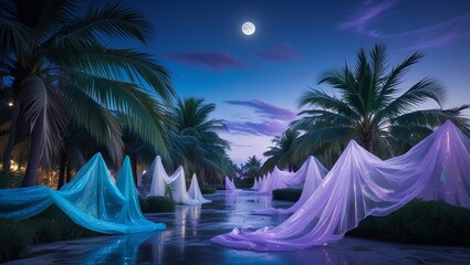 Magical Evening Landscape with a Bright Moon, Palm Fronds, and Shimmering Pastel Veils

