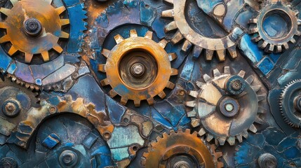 Gears mechanism with mosaic background for industry, engineering or technology
