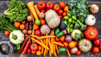 Vibrant organic vegetables arranged on a rustic market table, captured from an overhead angle.