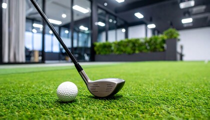 Golf club and ball on indoor putting green